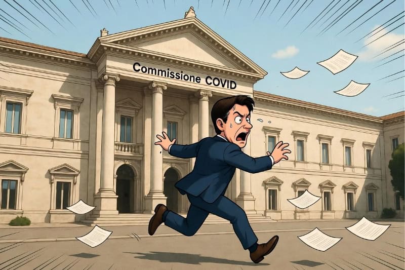 Giuseppe Conte scappa dalla Commissione COVID (immagine generata da IA di Grok)