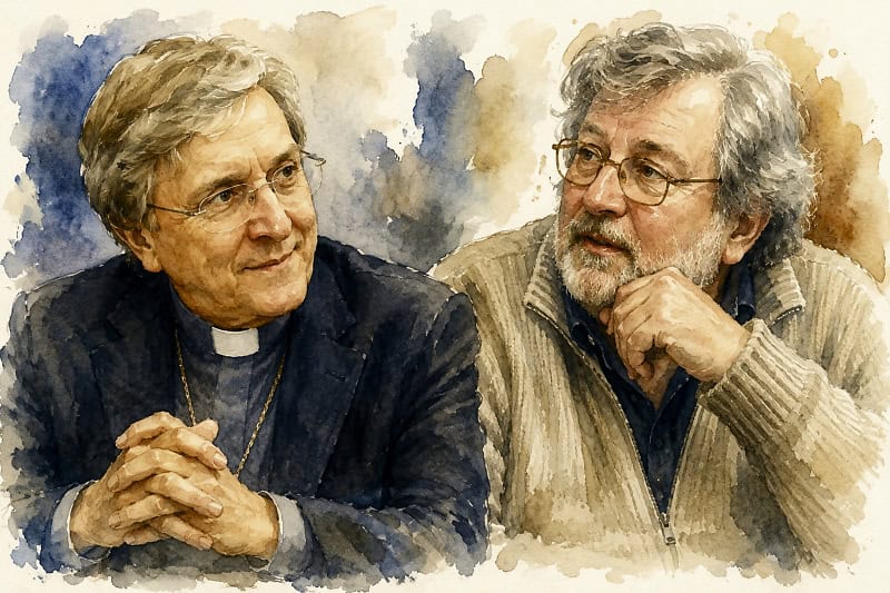 Mons. Francesco Savino e Francesco Guccini (immagine generata con IA di ChatGPT)
