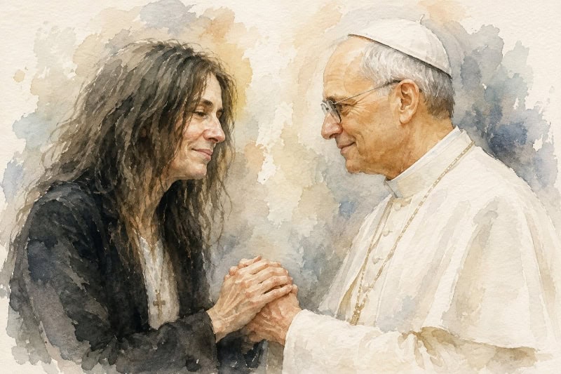 Patti Smith (da giovane) e Papa Leone XIV (Immagine generata con IA di ChatGPT)